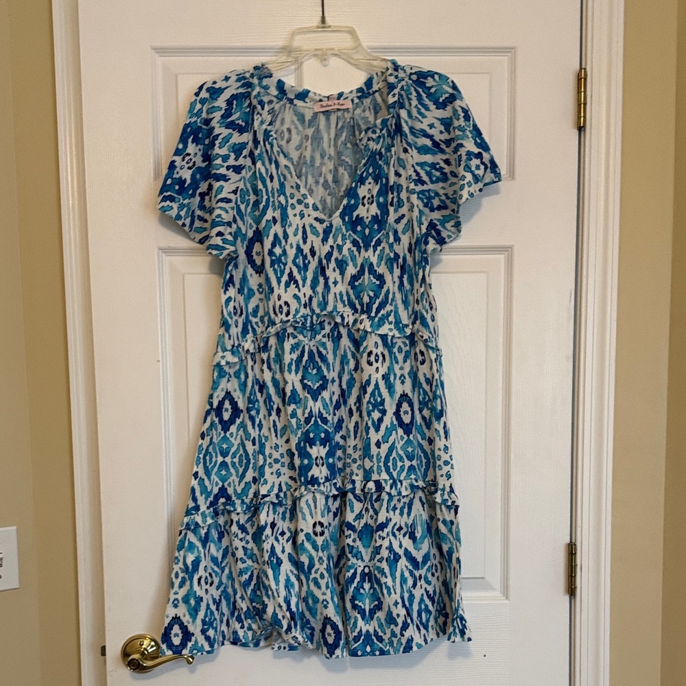 Blue and White Patter Women's Dress ikat Tiered Summer Spring Party